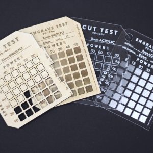 birch plywood and acrylic laser cutting and engraving speed and power test cards
